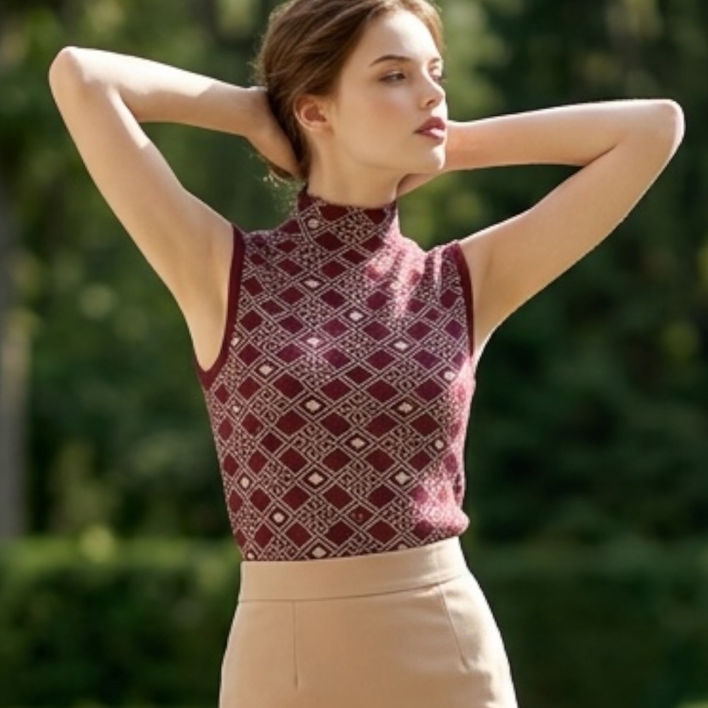 Rafiana Geometric Mock Neck Knit Top Women's Burgundy NWT Diamond Pattern Tank S